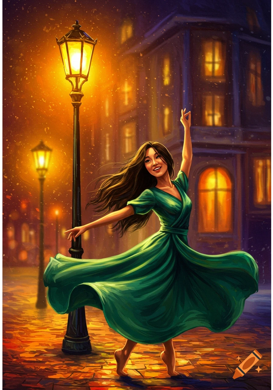 Painting of a woman in a green dress dancing under a street light.