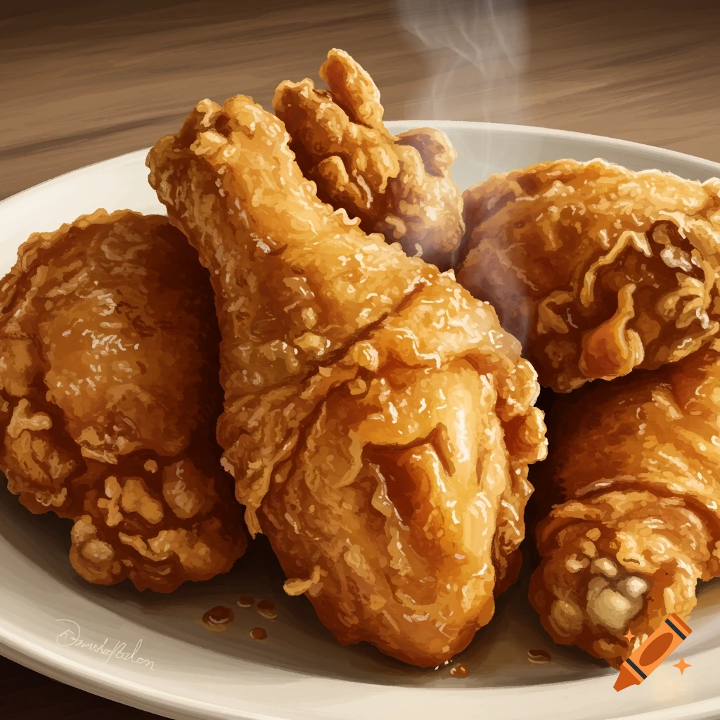 Plate piled high with steaming southern fried chicken pieces in a painterly style.
