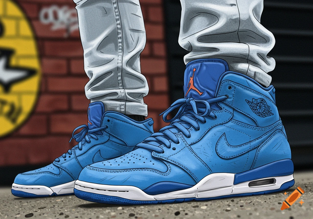 Illustration of person wearing blue Jordan sneakers on a street.