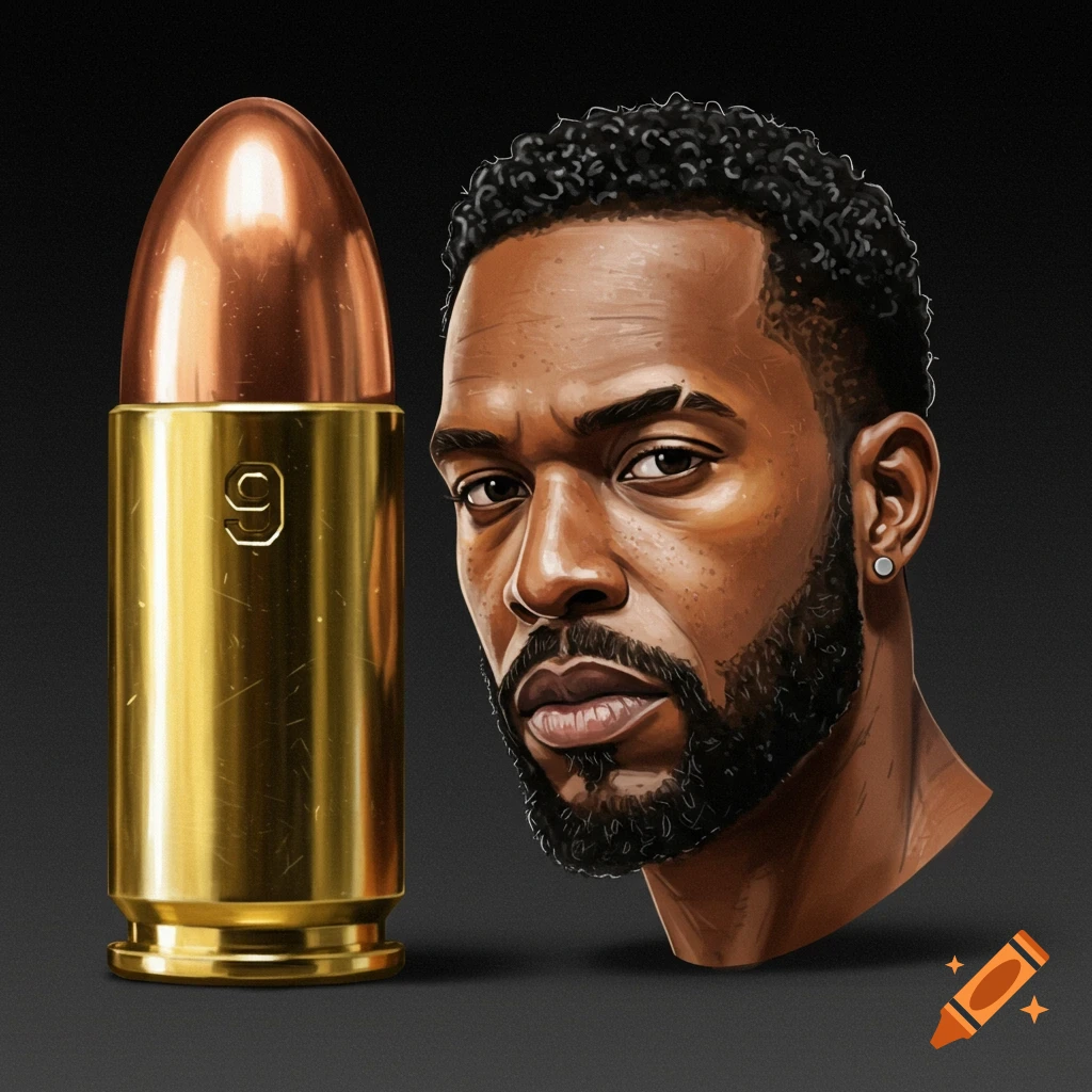 Realistic illustration of a golden bullet with '9' next to a man's face.