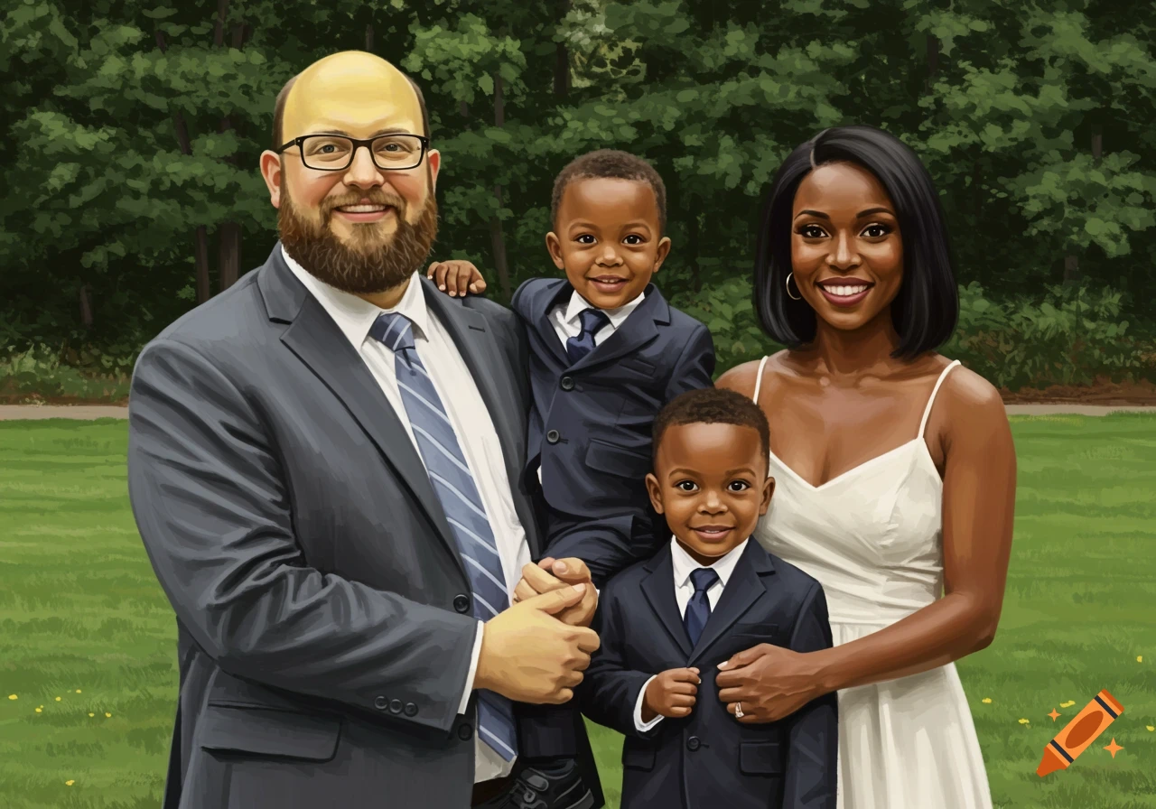 Painted family portrait outdoors with parents and two young sons.