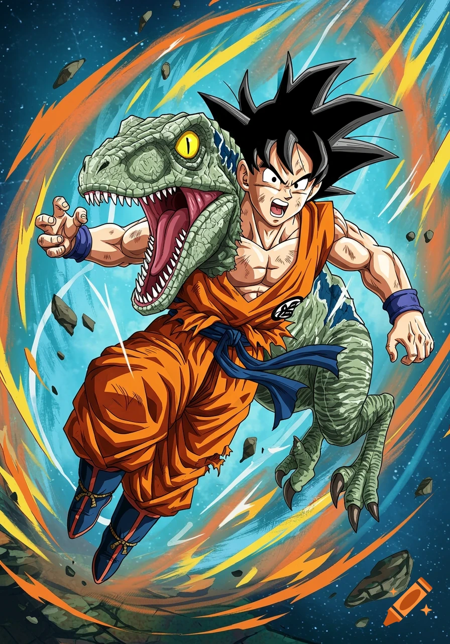 Anime-style illustration of Goku and a raptor teleporting through space.