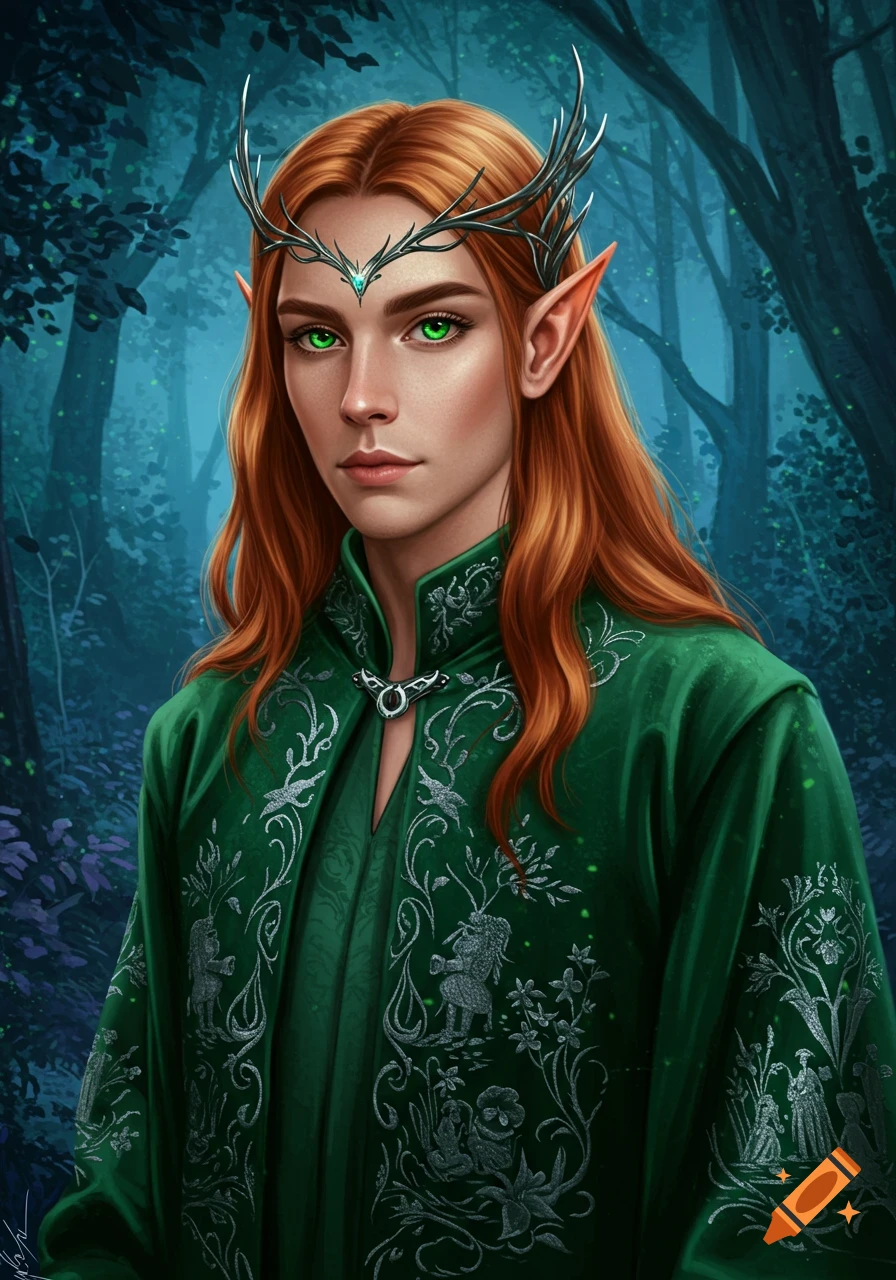Portrait of an elf with red hair, green eyes, and a diadem in a forest ...