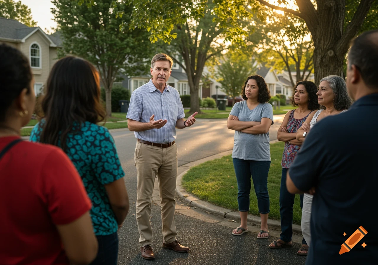 A man talks to neighbors gathered on a residential street at sunset.