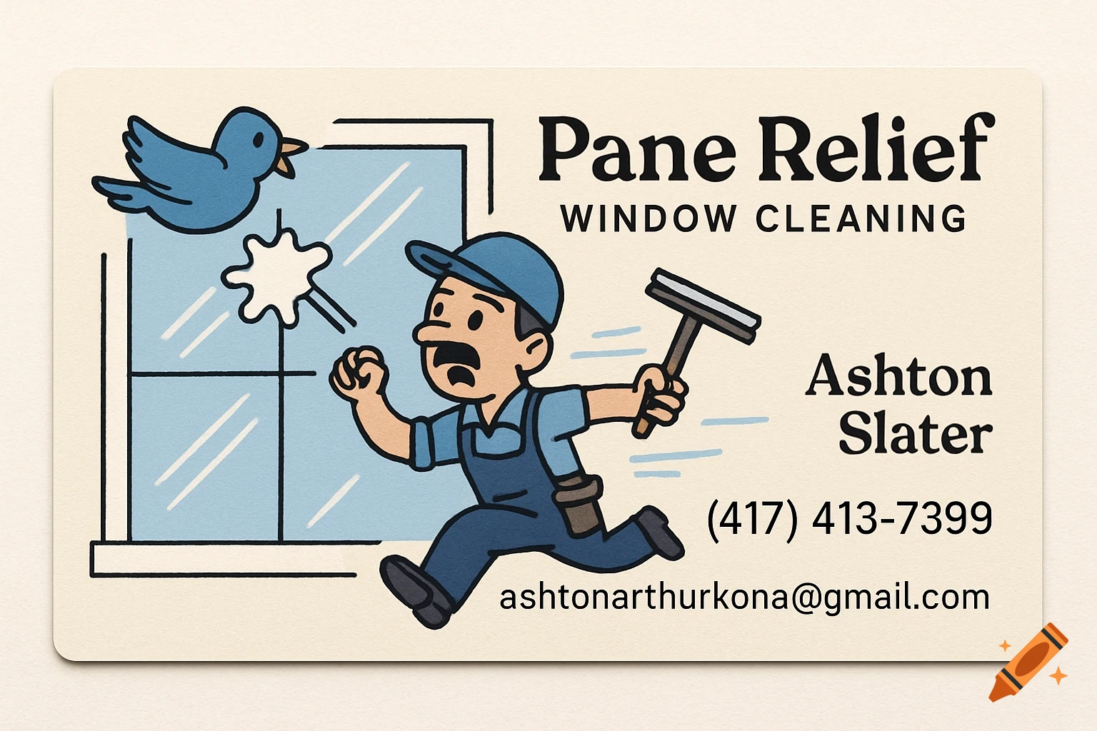 Cartoon business card for Pane Relief window cleaning with bird pooping on window and cleaner rushing.