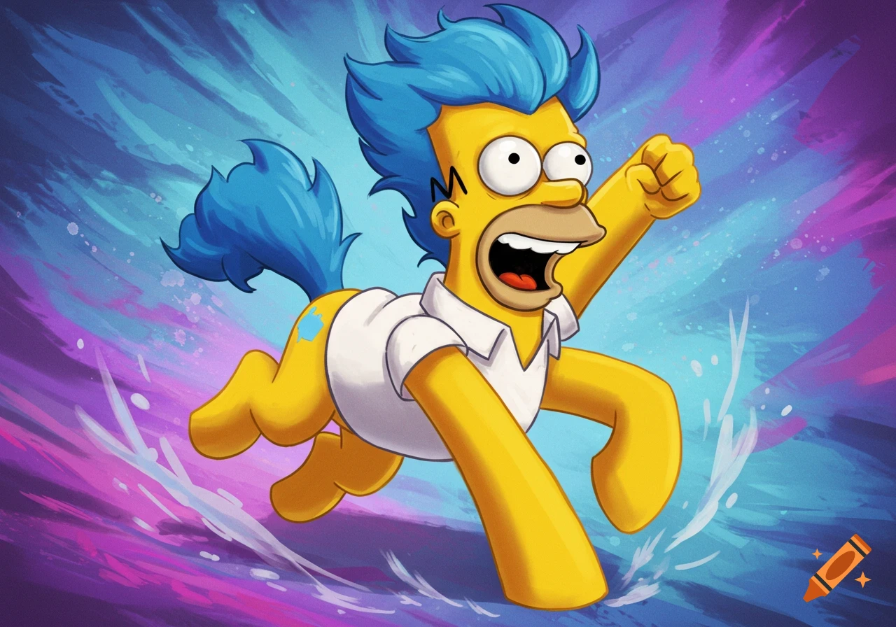 Cartoon mashup of Homer Simpson with a pony body, running with a blue mane and tail.