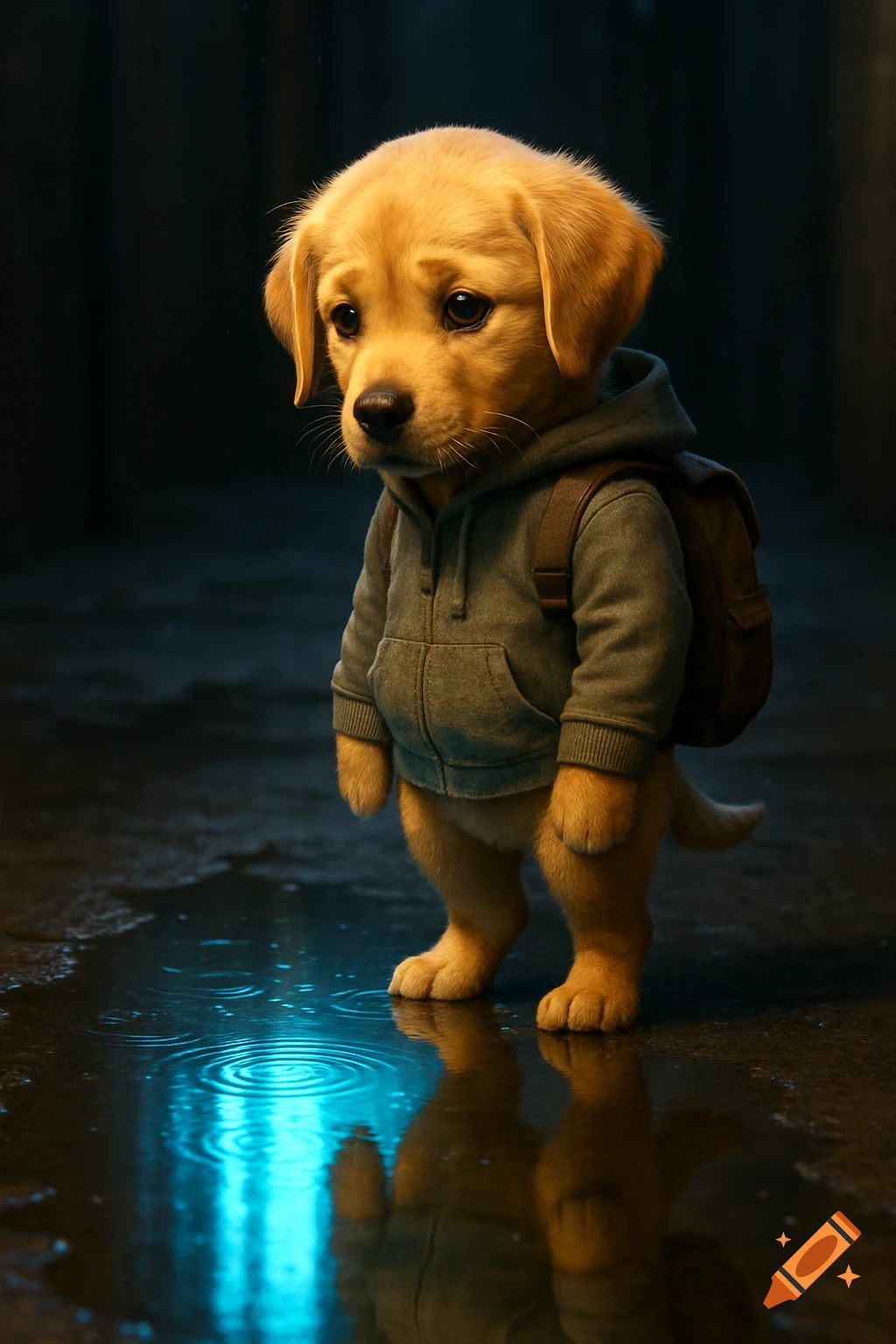A cute golden retriever puppy in a hoodie and backpack stands sadly by a glowing puddle.