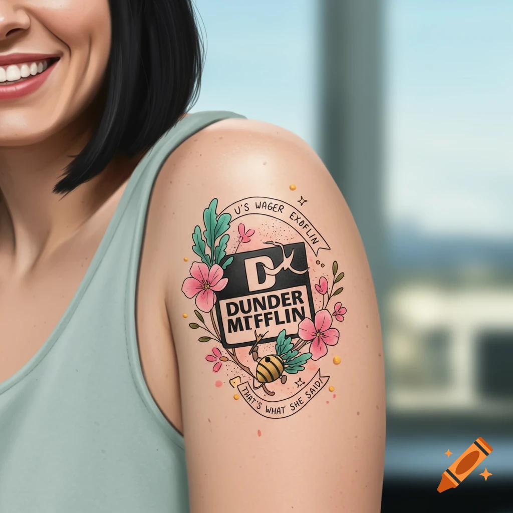 Close-up of a tattoo featuring The Office Dunder Mifflin logo, flowers, a bee, and text on a person's arm.