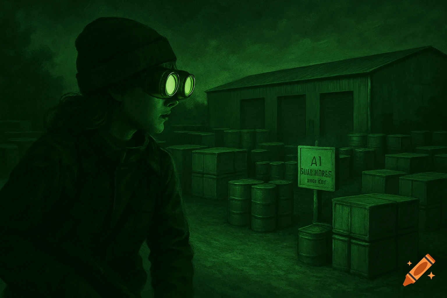 Person in night vision goggles surveys a storage yard at night.