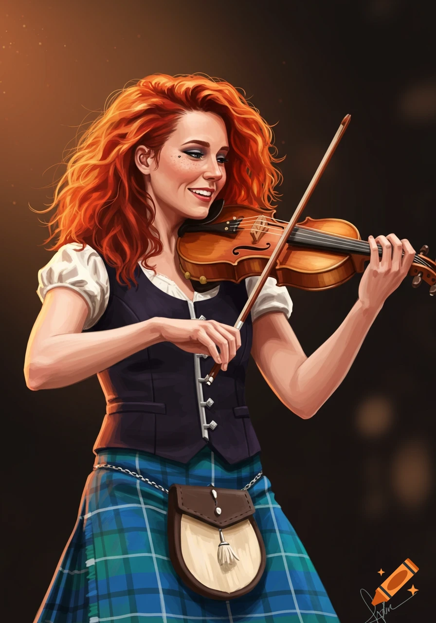 Digital painting of a woman with red hair playing a violin while wearing a kilt and vest.