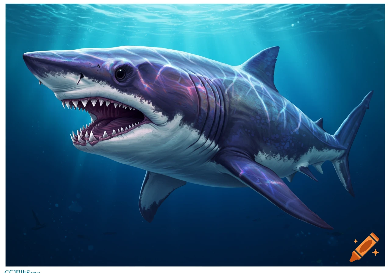 Vibrant illustration of a great white shark with glowing blue and purple patterns swimming underwater.
