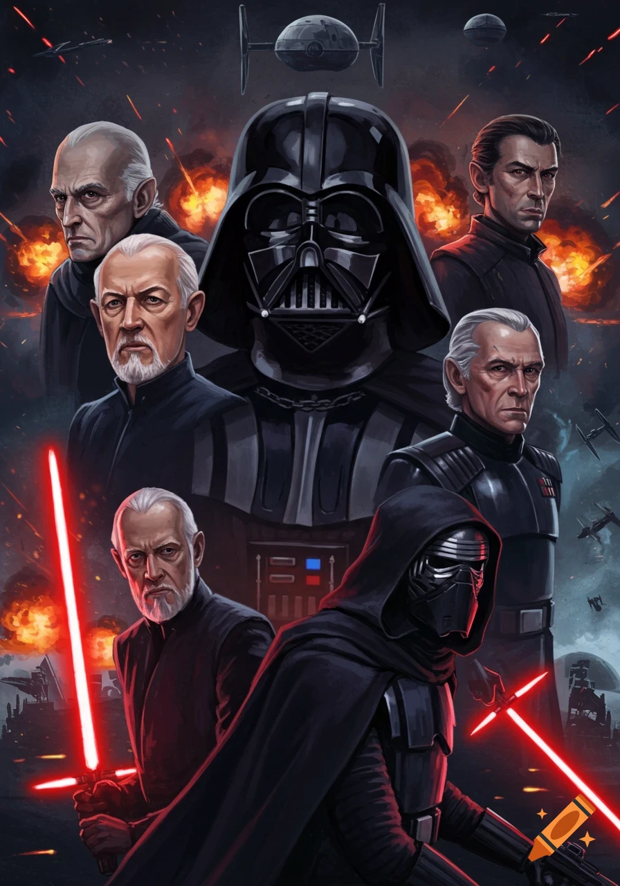 Star Wars villains collage featuring Darth Vader, Kylo Ren, and others with red lightsabers against a backdrop of explosions and ships.