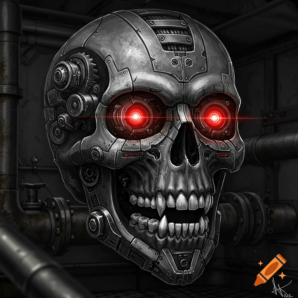 Close-up of a menacing mechanical skull with glowing red eyes.