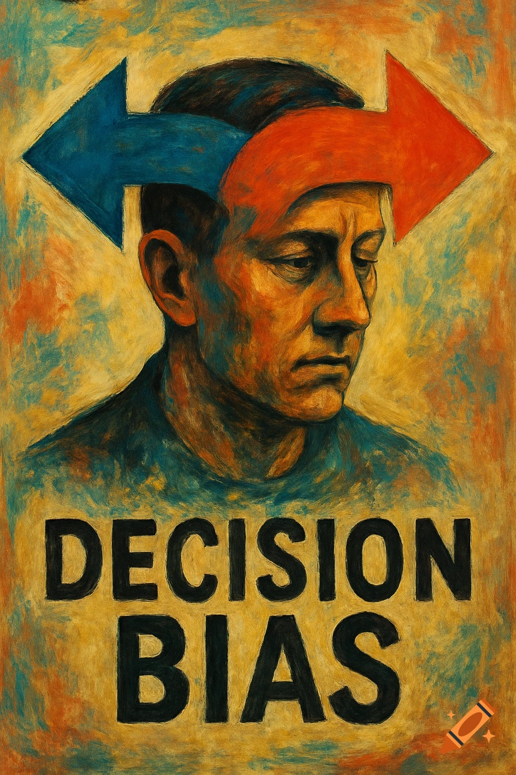Painterly illustration of a man's head with opposing arrows, text 'DECISION BIAS'.