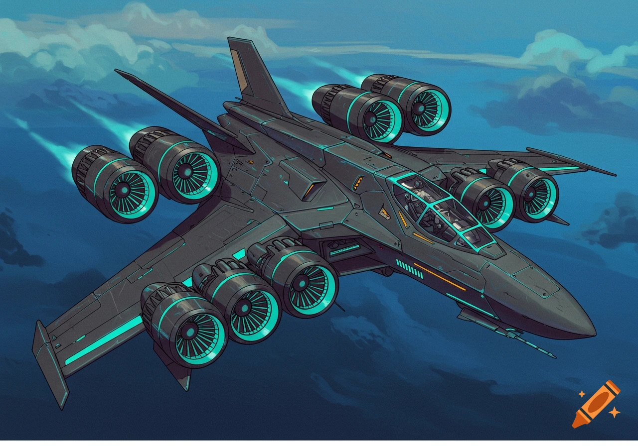 Dark gray futuristic fighter jet with 8 turquoise engines flies through a cloudy blue sky. Illustrated style.
