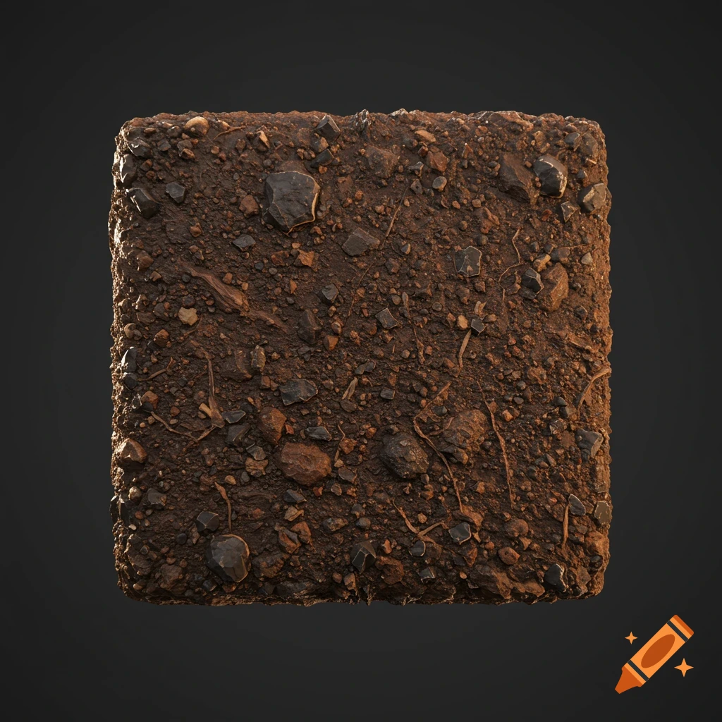 A detailed, photorealistic rendering of a square block of dirt, rocks, and debris.
