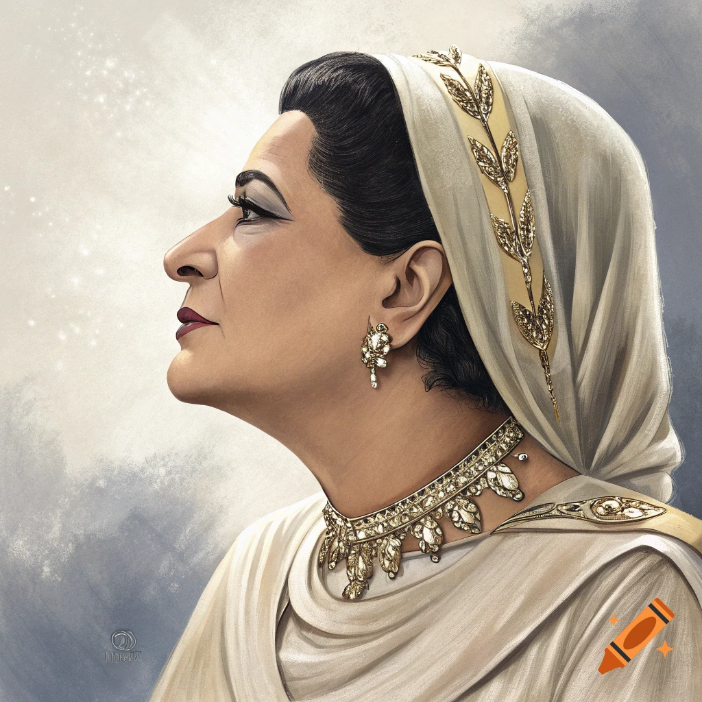 Profile portrait art of a woman in a white headscarf with gold trim and ornate necklace.