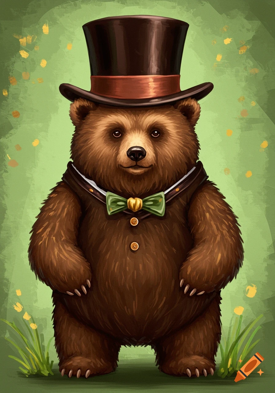 An illustration of a brown bear wearing a top hat, vest, and bow tie