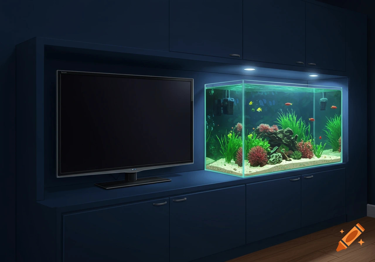 A dark blue built-in shelf unit with a TV on the left and a lit aquarium on the right.