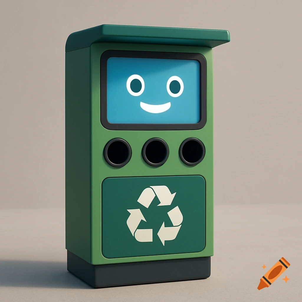 3D illustration of a green recycling kiosk with a smiling digital screen and recycling symbol.