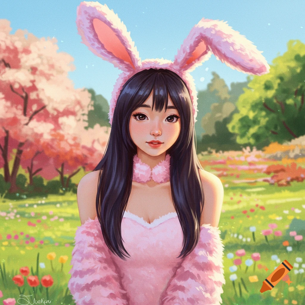 Anime portrait of a girl in a pink bunny costume standing in a field of flowers.