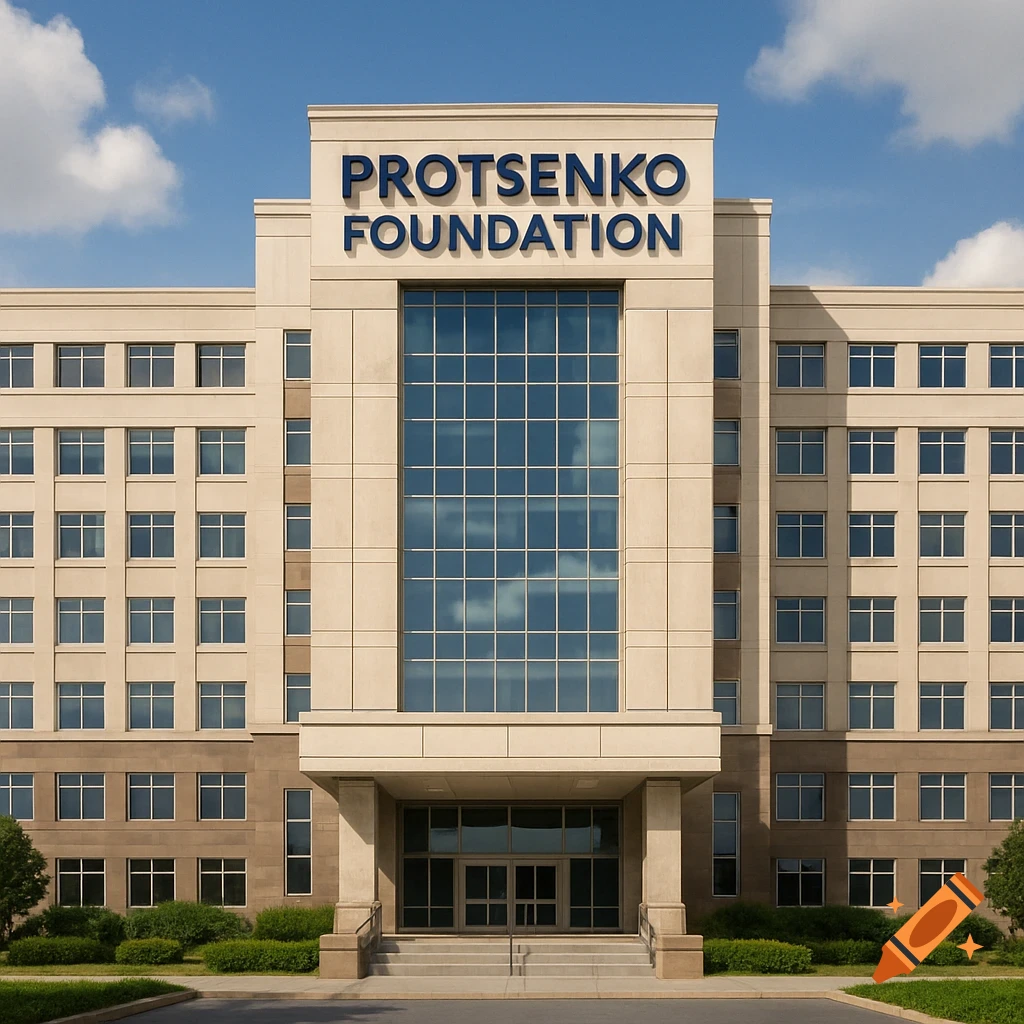A large beige building with 'PROTSENKO FOUNDATION' written on the top, under a blue sky with clouds.