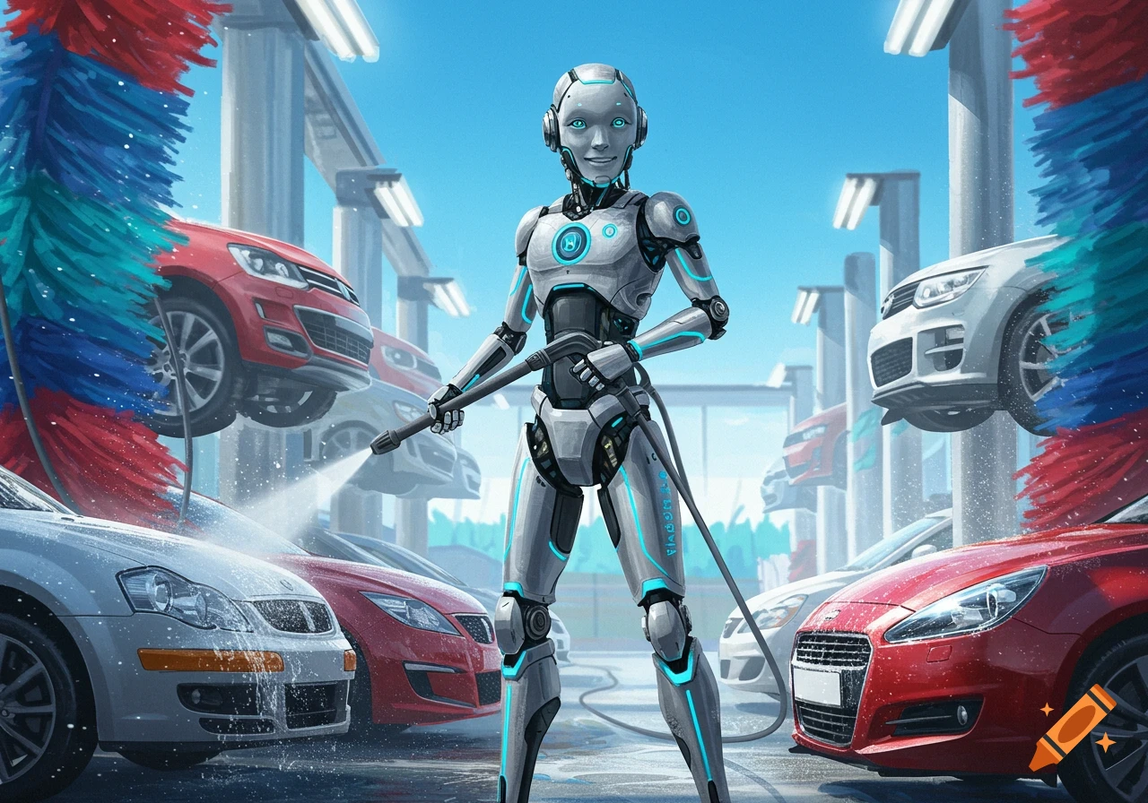 Robot washes cars in an automatic car wash.