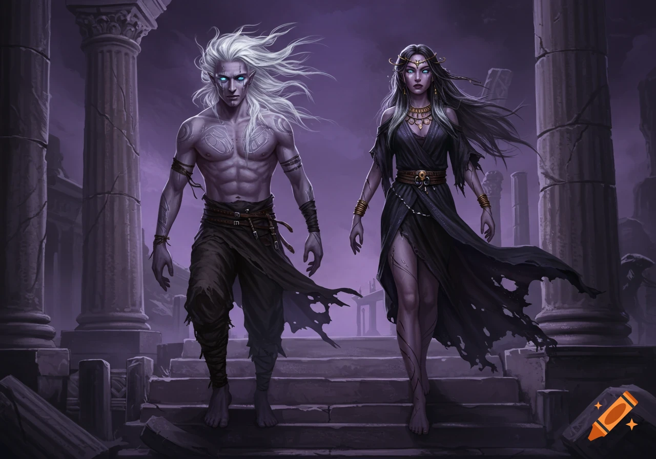 Two fantasy figures, a man and a woman with glowing eyes, stand on steps among ruins at night.