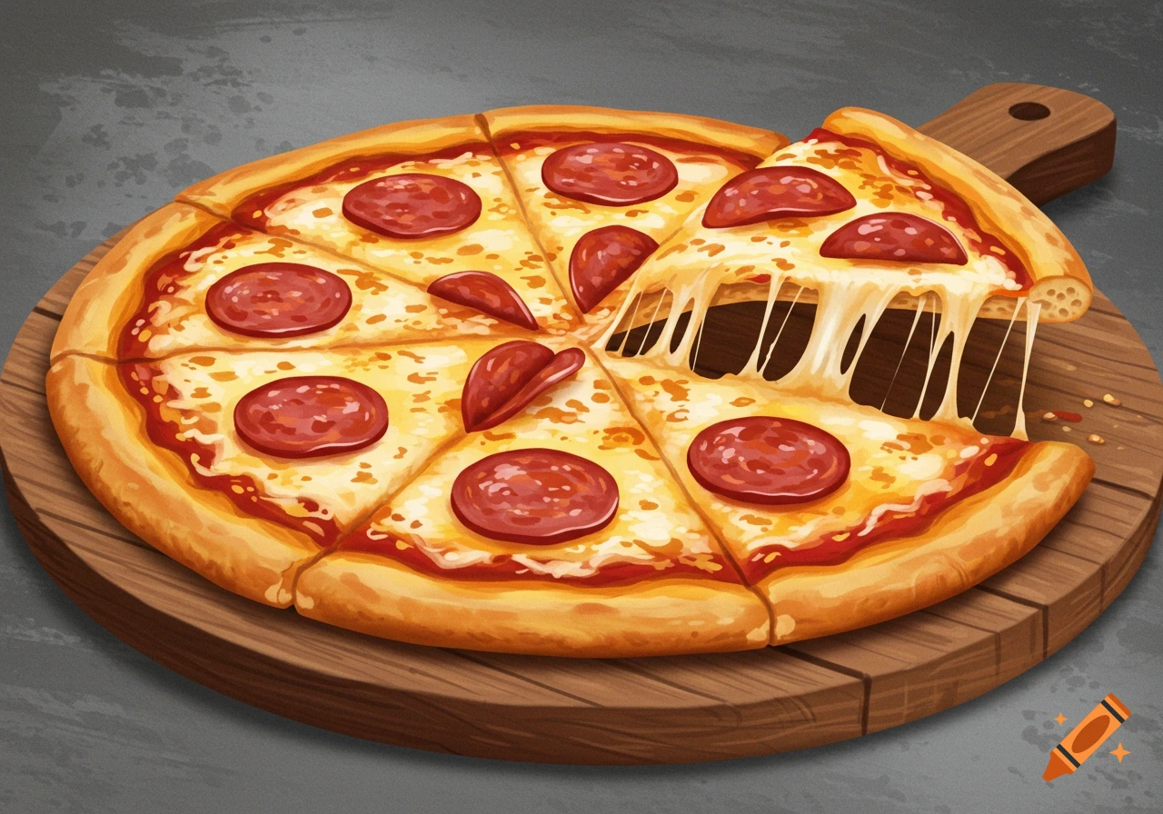 Pepperoni pizza with cheese pull on a wooden board, illustration style.