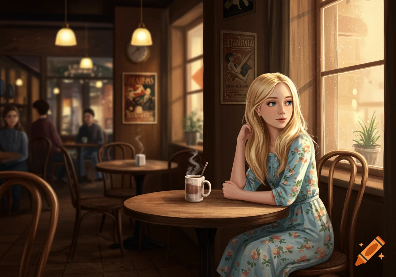 Blonde girl sitting at a cafe table looking out window, digital art