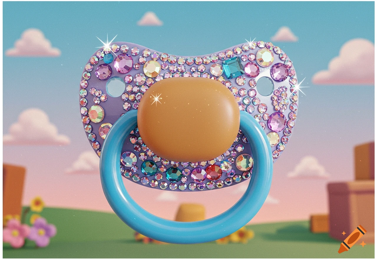 A purple pacifier covered in colorful rhinestones in a bright cartoon-style outdoor setting.