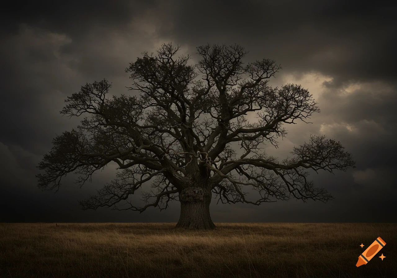 A large, bare oak tree stands in a dark field under a cloudy, moody sky.