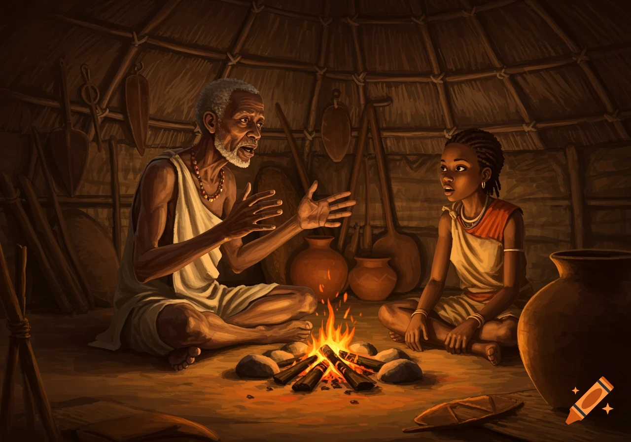 African elder speaks to a young person by firelight in a hut.