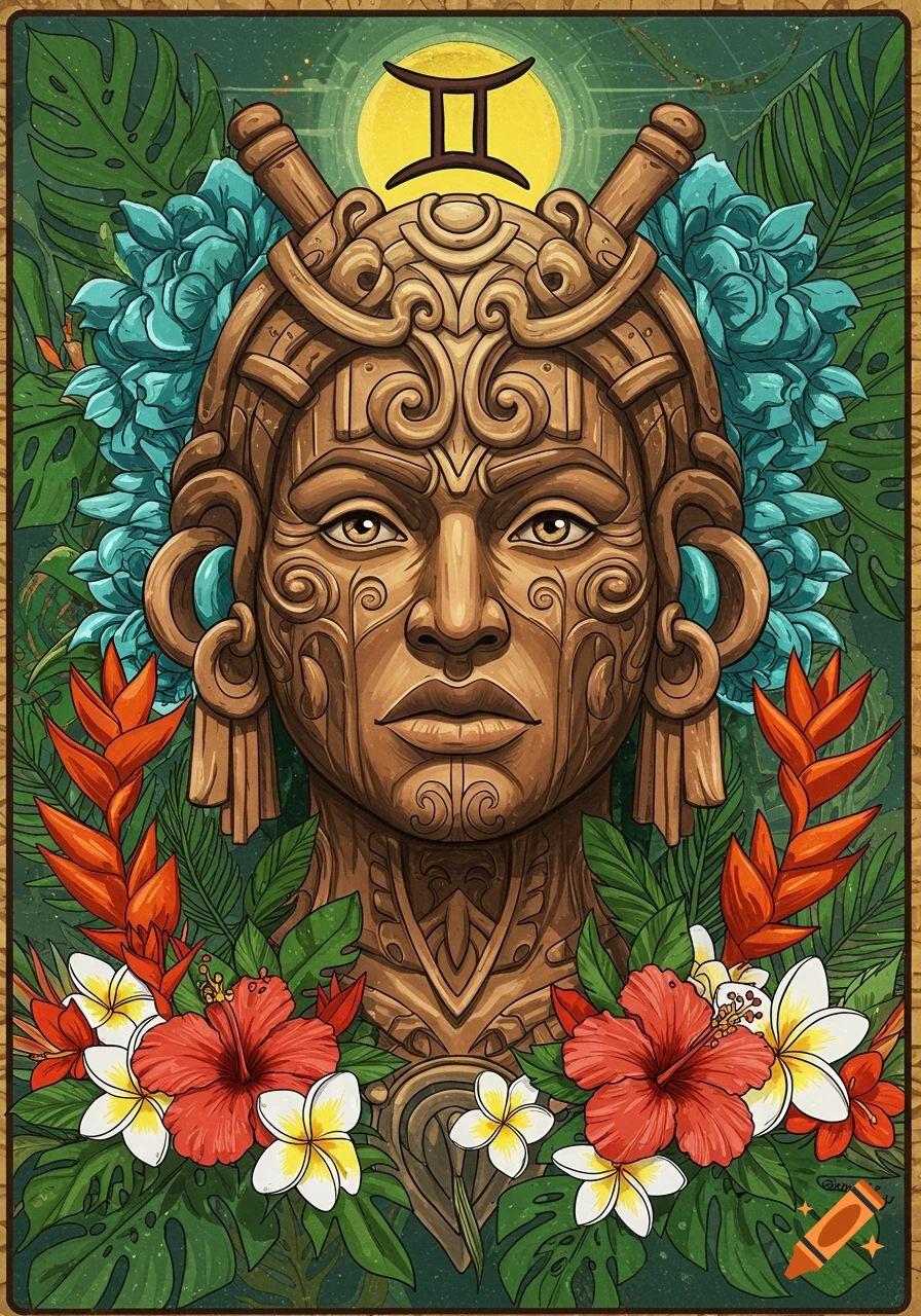 Stylized wooden tribal statue with Gemini symbol, surrounded by tropical flowers and leaves.