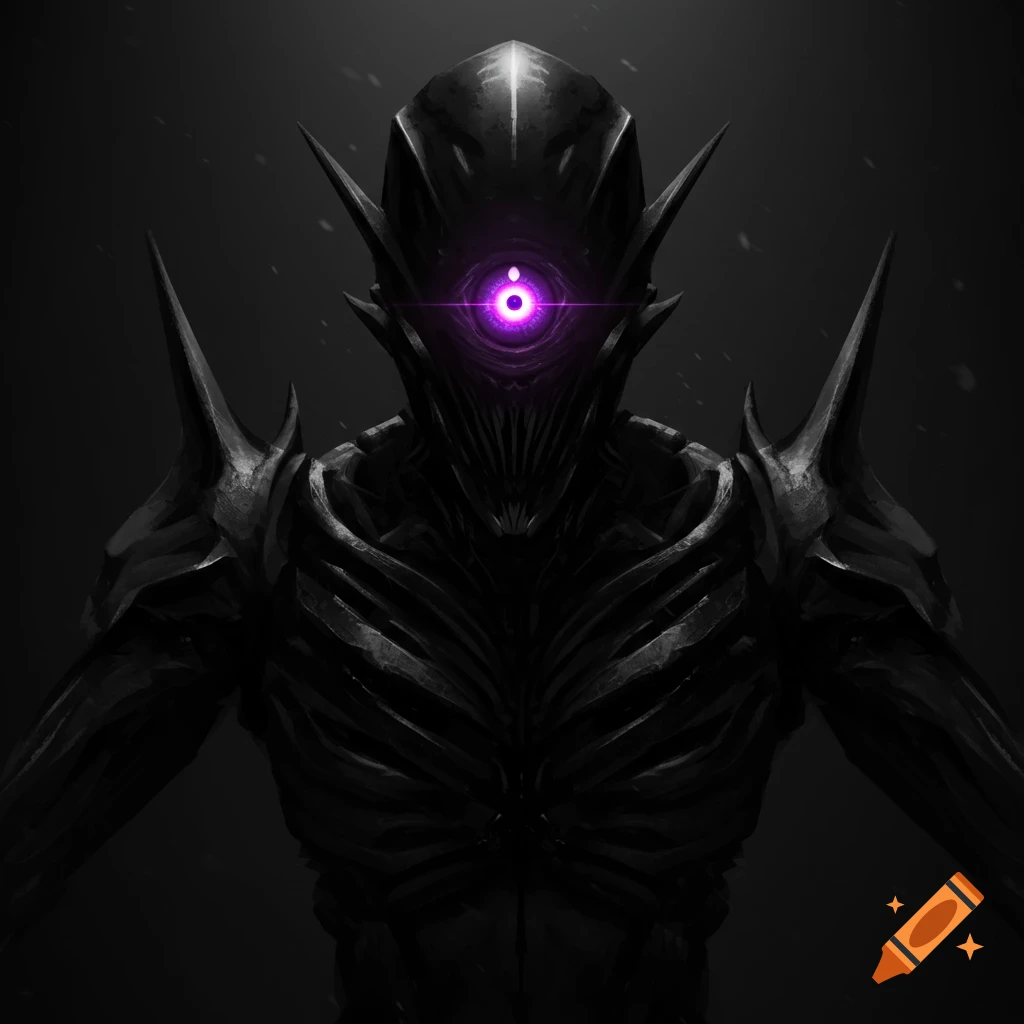 A dark sci-fi monster or robot with a glowing purple eye in a dark setting.