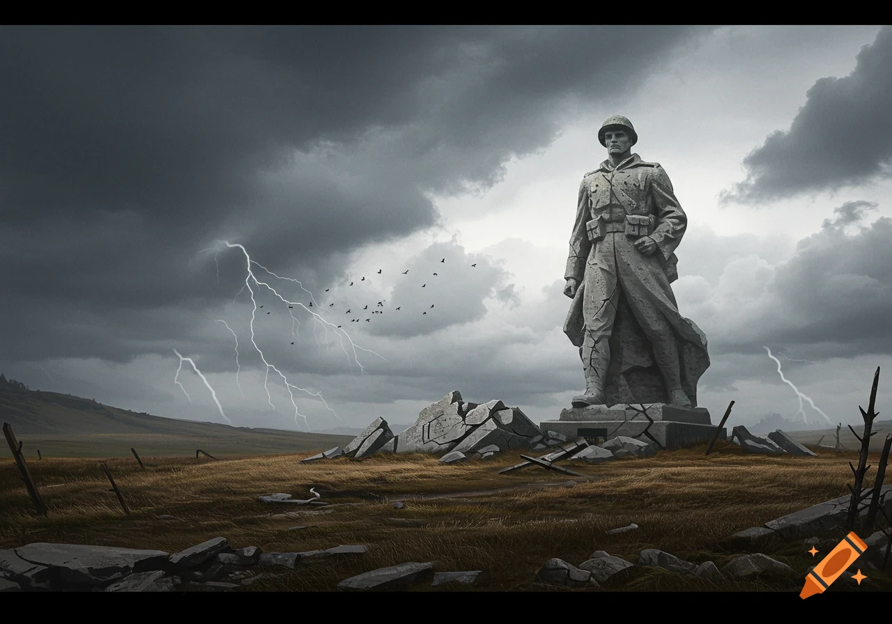 Broken statue of a soldier in a desolate field under a stormy sky with lightning.