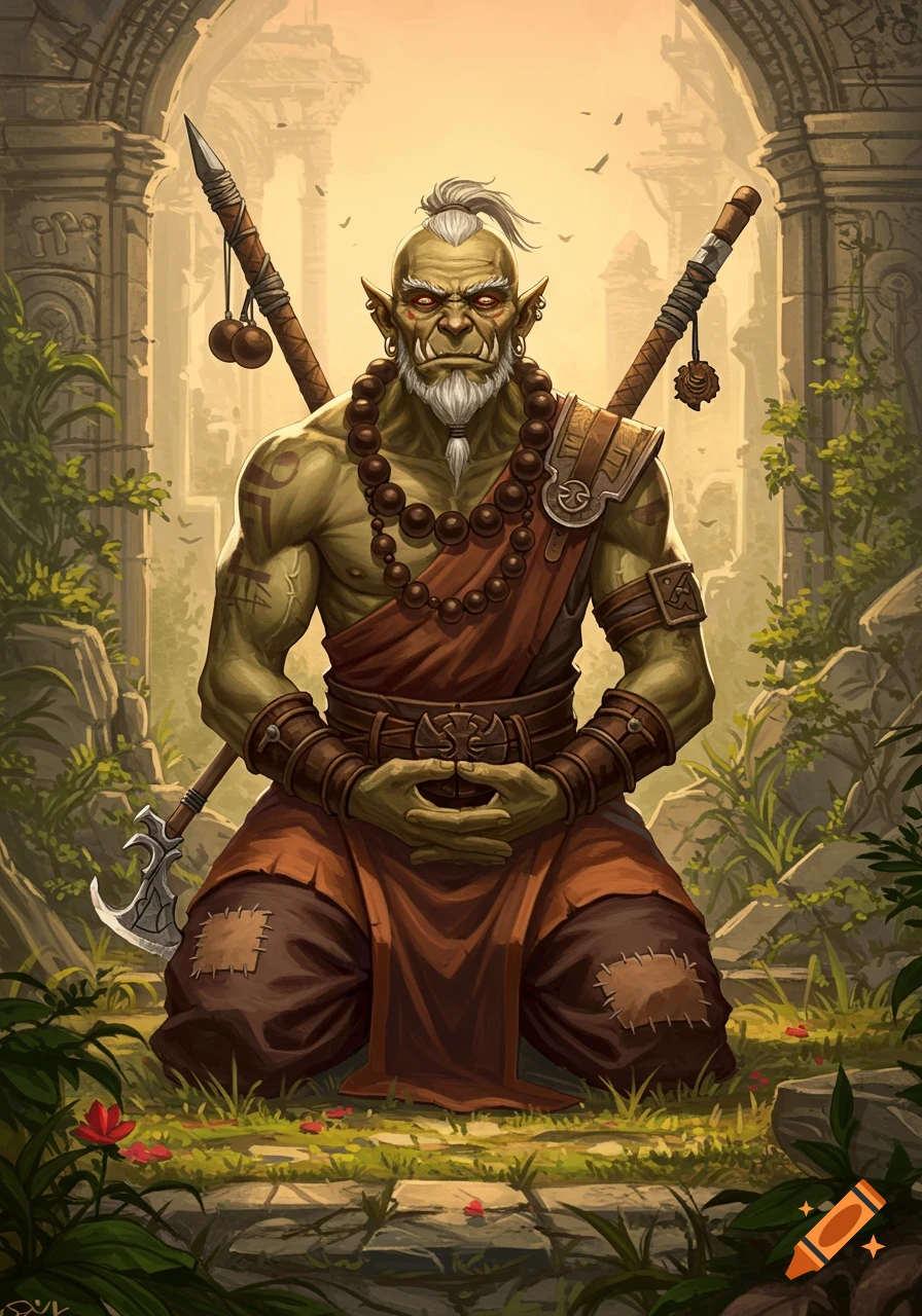 Old half-orc monk meditates in ancient ruins with staves.