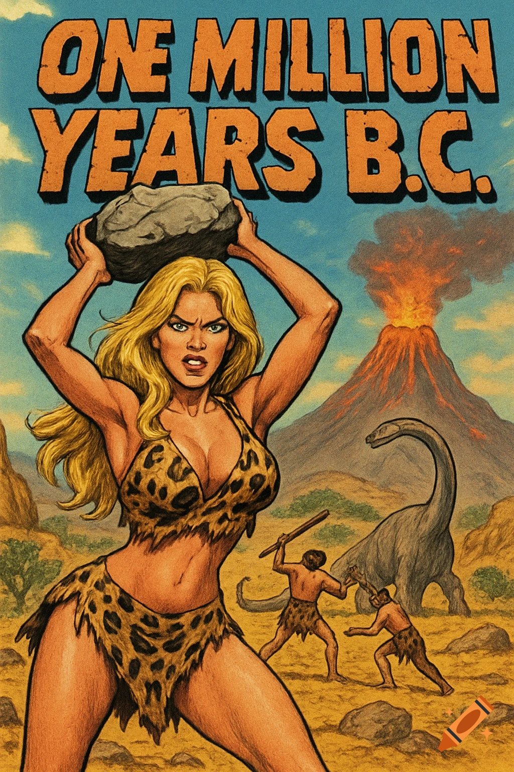 Comic book cover: Cavewoman in leopard print hoists a rock with volcano, dinosaurs, cavemen in prehistoric setting.