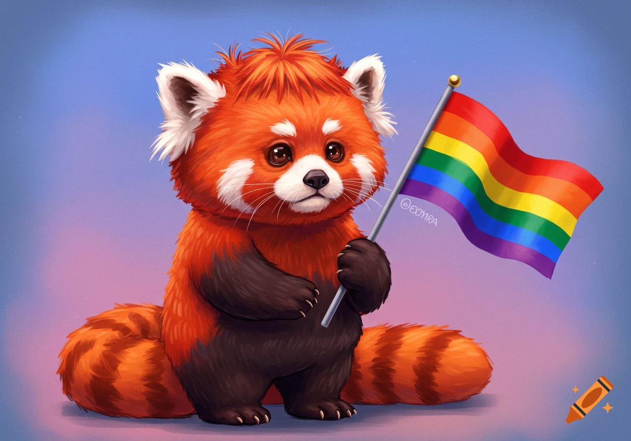 Cute red panda holding a rainbow pride flag.