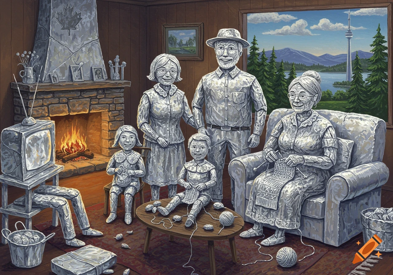 A Canadian family made of Alcan foil sits in a living room with a fireplace and a view of the CN Tower.