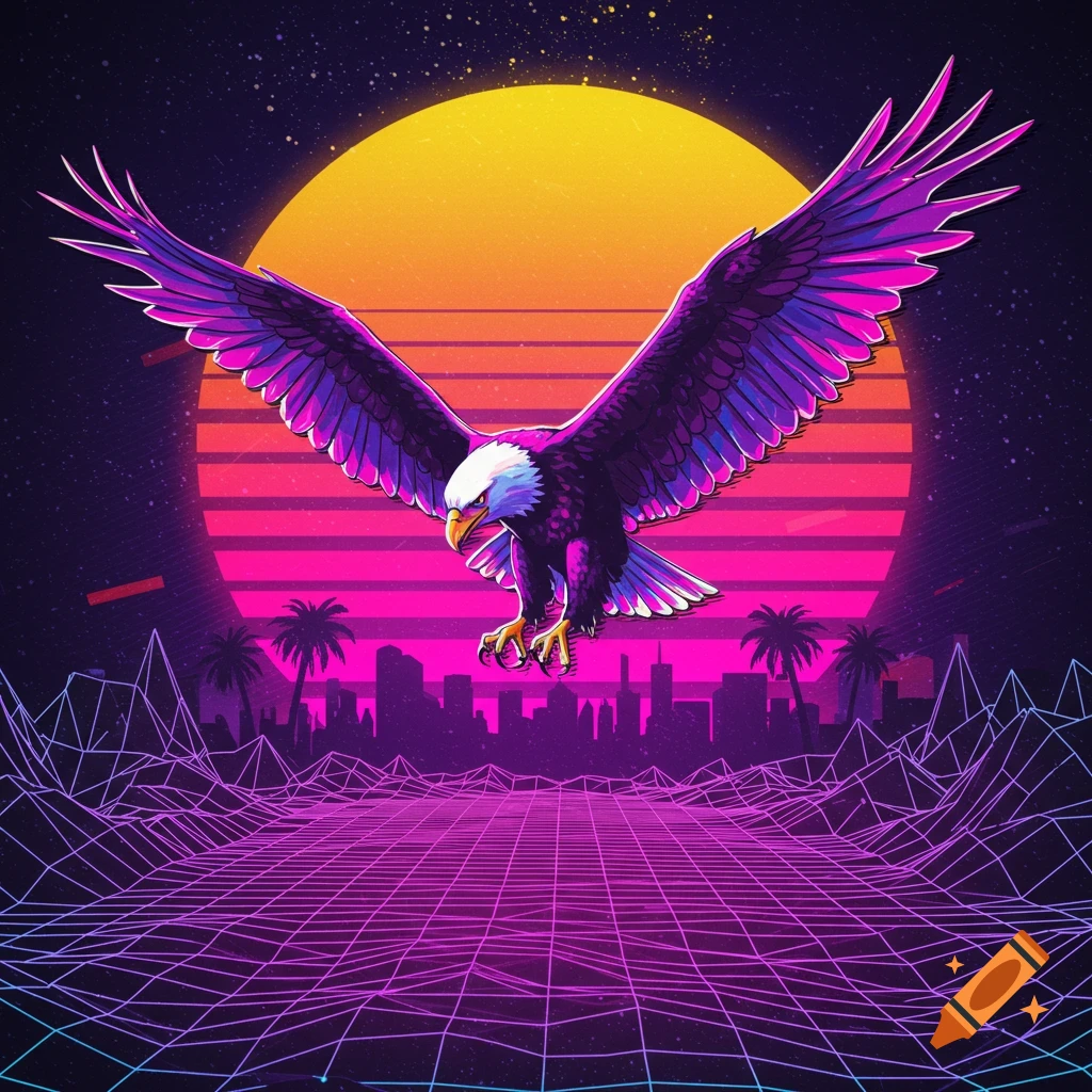 Vaporwave illustration of an eagle flying over a grid landscape
