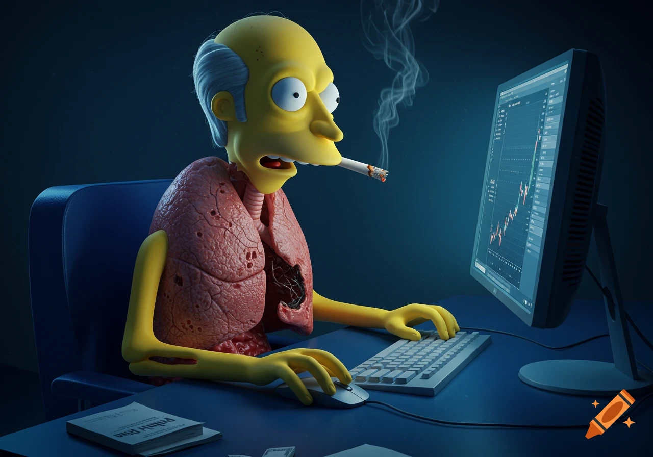 A surreal 3D rendering of a yellow character with a realistic smoker's lung torso sitting at a computer desk while smoking.