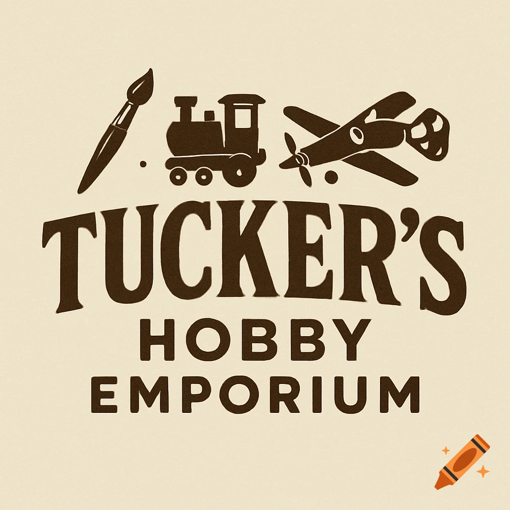 Logo for Tucker's Hobby Emporium with illustrations of a paint brush, train, and airplane