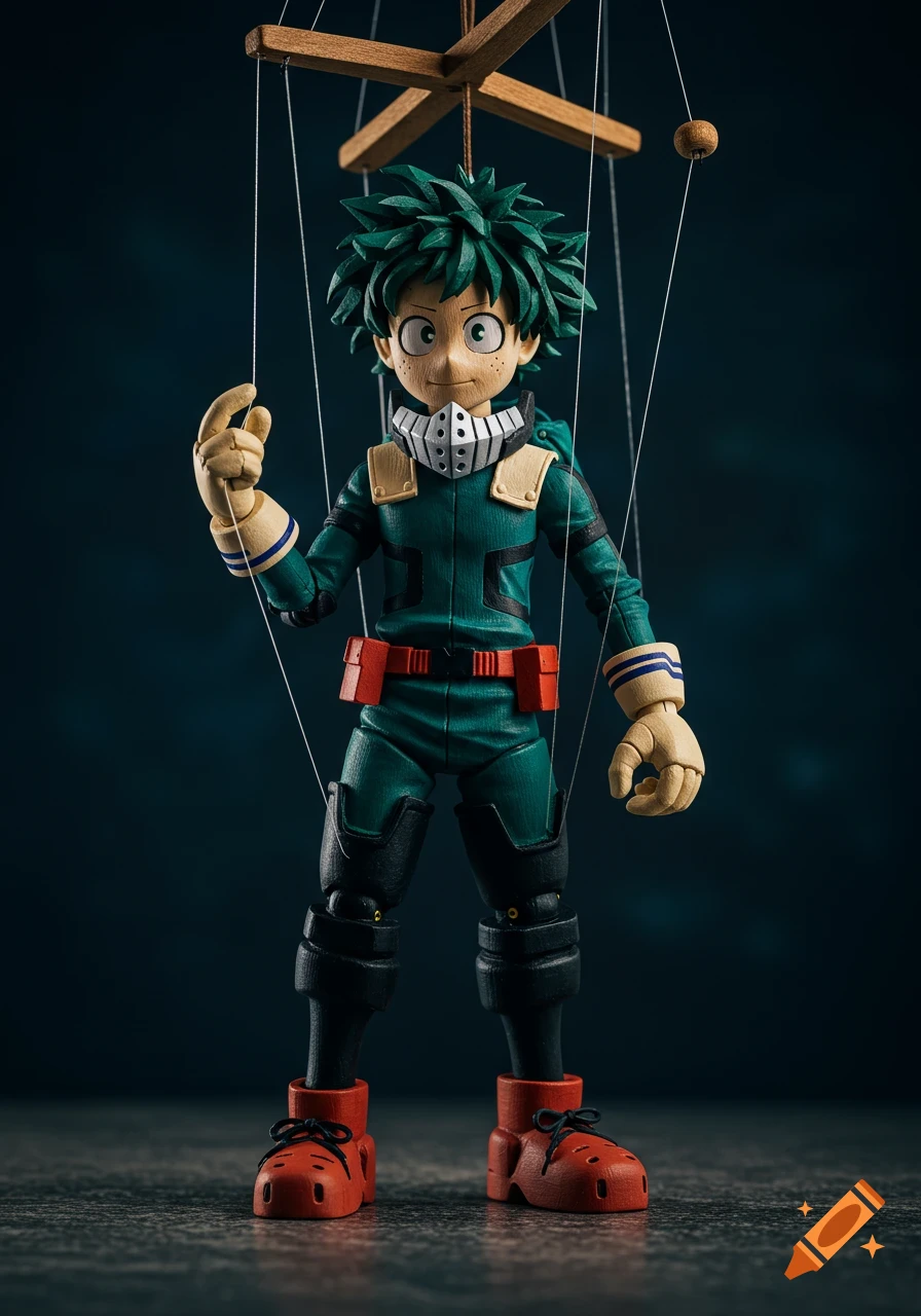 Photograph of a My Hero Academia Izuku Midoriya puppet held by strings.