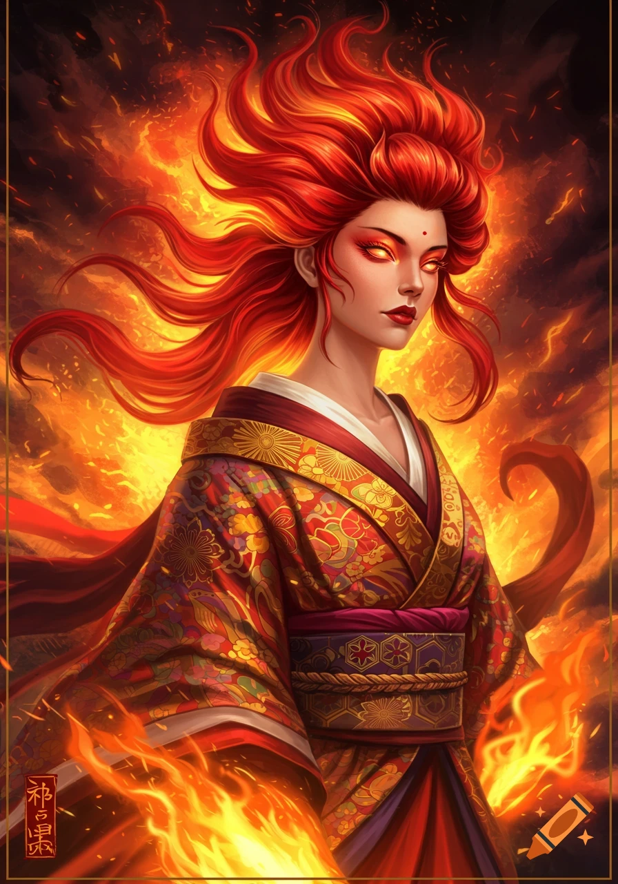 Fantasy illustration of a woman with fiery red hair and eyes in a Japanese kimono surrounded by flames.