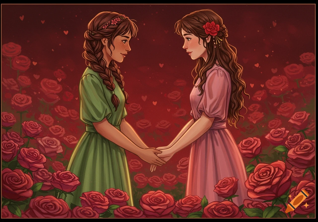 Two women in dresses holding hands in a field of red roses, illustrated style.