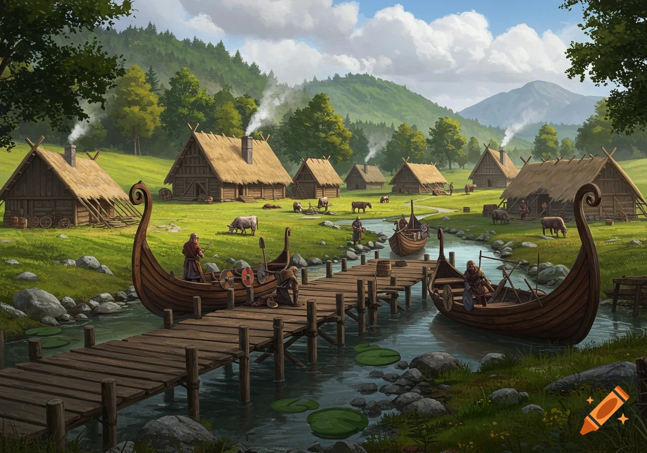 A detailed illustration of a Viking village with thatched-roof houses along a river with wooden docks, longships, people, and livestock.