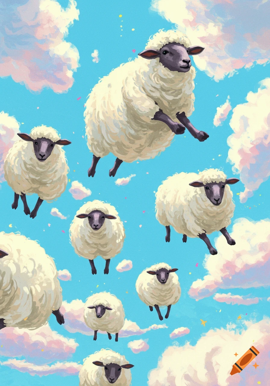 Cartoon sheep floating in a cloudy blue sky