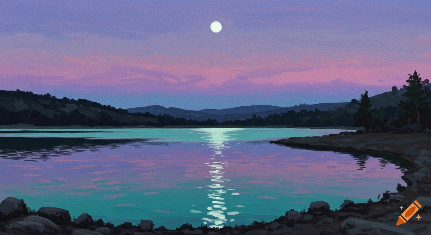 Landscape painting of a lake at dusk with a full moon reflecting on the water, hills in the background, in purple and pink hues.