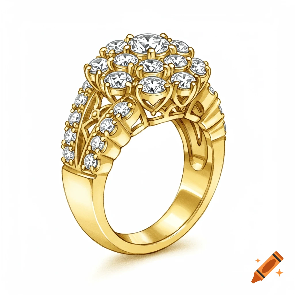 A detailed view of a yellow gold cluster ring with many diamonds.